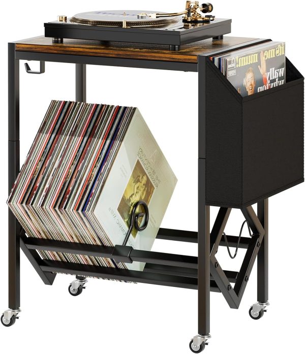 EKNITEY Vinyl Record Player Stand - Record Player Table with Storage Hold 80 Albums Turntable Stand with Organizer Pocket and Wheels
