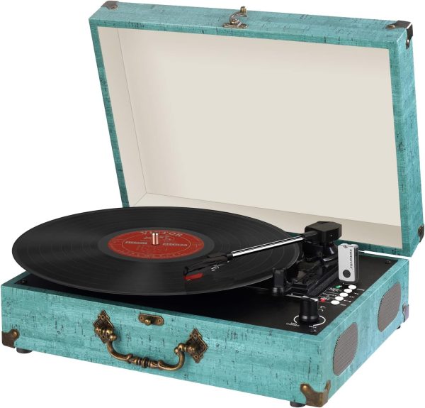 eyesen Suitcase Vinyl Record Player Bluetooth Turntable with Built-in Speakers,3 Speed Belt-Driven Phonograph Retro Turntable Player, Portable Vintage Suitcase LP Player USB Recording