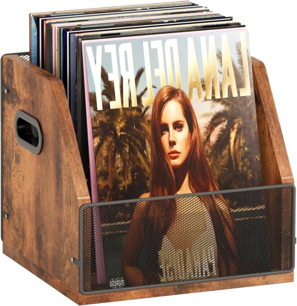 Homeiju Vinyl Record Storage, Vinyl Record Box Case Crate, Vinyl Record Album Holder, Desktop Metal & Wooden LP Record Crate, Holds up to 60 Records