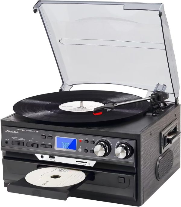 JOPOSTAR 10-in-1 Vinyl Record Player with Bluetooth, 3-Speed Turntable Built-in Stereo Speakers, AM/FM Radio, USB/SD/MMC, CD/Cassette Playback, Aux-in RCA Line-Out