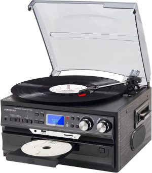 JOPOSTAR 3-Speed Vinyl Record Player Vintage Turntable with Built-in Stereo Speakers, Support Bluetooth, AM/FM Radio, USB/SD/MMC, CD/Cassette Playback, Aux-in RCA Line-Out