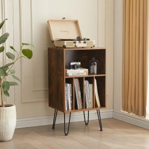 Leesingdo Record Player Stand with Vinyl Storage, Turntable Stand Holds Up to 150 Albums, Wood Vinyl Record Player Table Cabinet with Metal Legs for Living Room, Bedroom, Office (White)