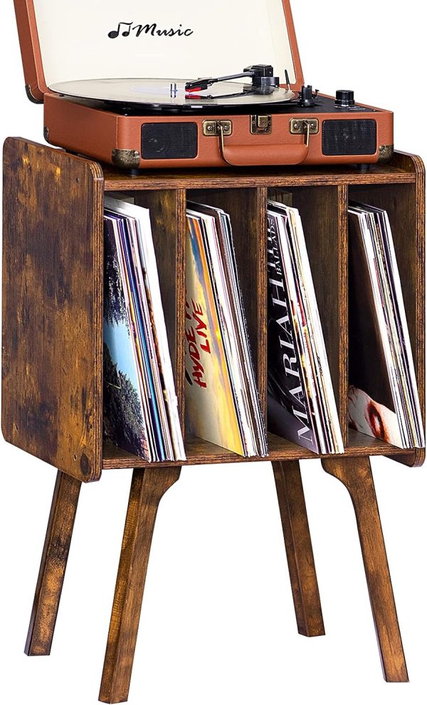 LELELINKY Small Record Player Stand - Width 11.7 in, Brown Vinyl Record Storage Table with 4 Cabinet Up to 80 Albums, Vinyl Holder with Wood Legs,Turntable Stand Display Shelf for Bedroom Living Room