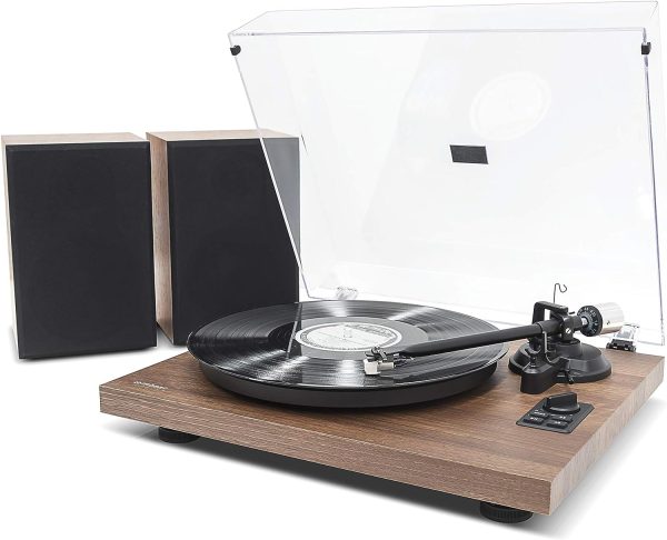 mbeat Bluetooth Hi-Fi Vinyl Turntable Record Player with Bookshelf Speakers, 33/45 RPM, Wireless Streaming, MMC Stylus, Solid Metal Platter, Dust Cover & Adjustable Counterweight and Anti-Skating