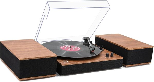 MPK Bluetooth Record Player,Turntable HiFi System with Bookshelf Speakers, 3-Speed Belt-Drive Vinyl Turntable for Vinyl Records with Wireless Playback and Auto-Stop,Walnut Wood