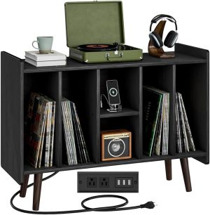 NUMENN Large Record Player Stand, Vinyl Record Storage Table with Power Outlet Holds Up to 220 Albums, Turntable Stand Cabinet with Wood Legs,Display Shelf for Living Room, Bedroom, Vintage Brown