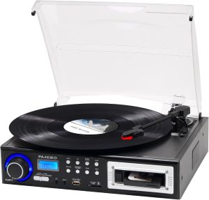 PAREIKO 3 Speed Vinyl Record Player Portable Turntable with Bluetooth Built-in Stereo Speakers, Support USB SD/MMC Cassette Playback Aux in Headphone Jack