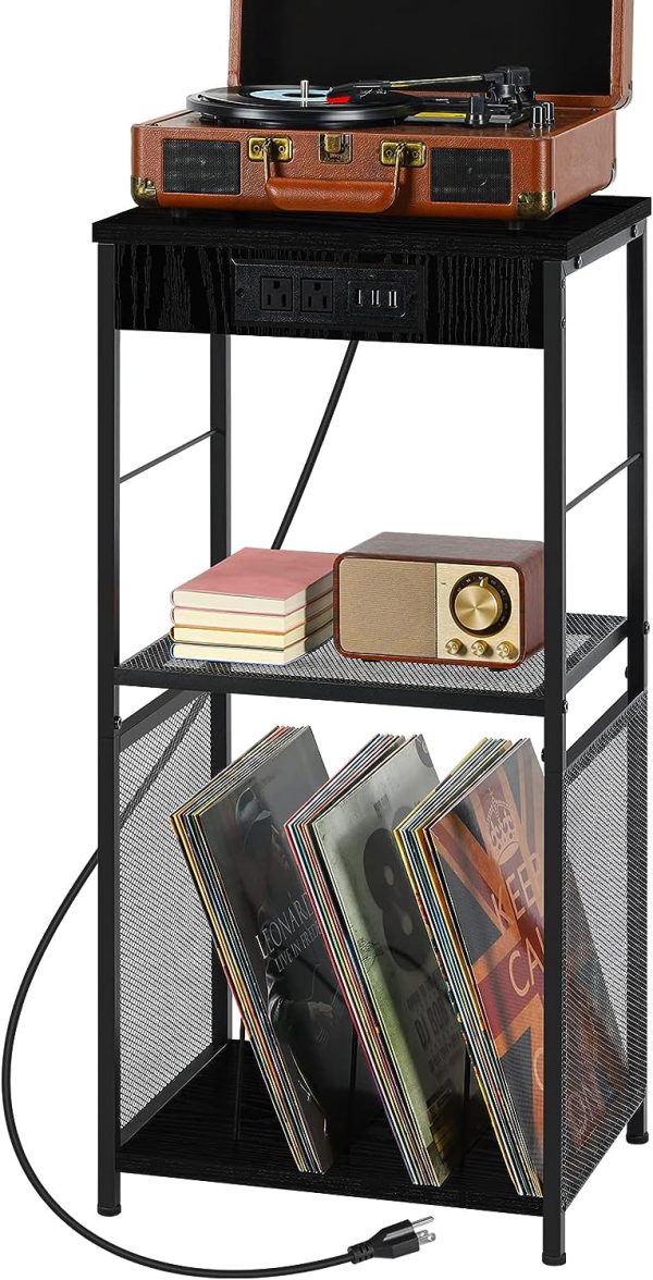 Record Player Stand Vinyl Record Storage with Charging Station Record Player Table with Album Storage Turntable Stand with USB Ports and Power Outlets Nightstand for Living Room, Industrial Black