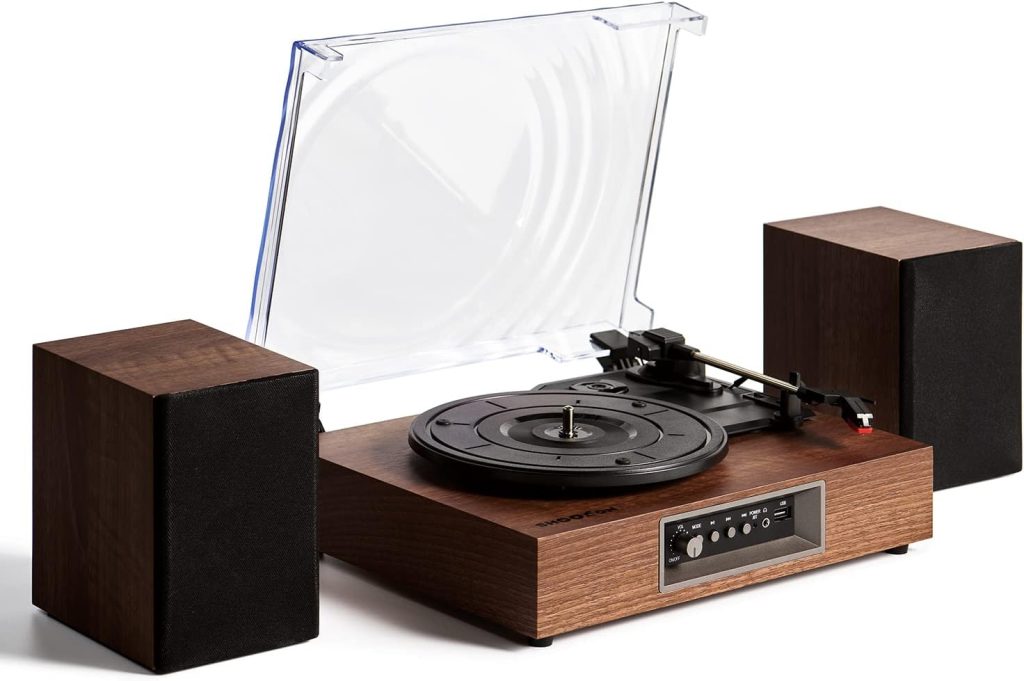 Shooron Vinyl Record Player with Powerful External Bookshelf Speakers