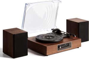 Shooron Vinyl Record Player with Powerful External Bookshelf Speakers, 3-Speed Belt-Driven Turntable with Magnetic Cartridge Support Headphone/USB Mode