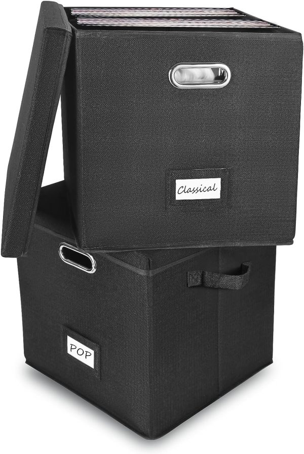 Sturdy Vinyl Record Storage Box - Album Storage Holds up 50+ Single Record, LP Storage Organizer Crate With Lid, Decorative Moving Box For 45 Rpm Records, Solutions to Protect Your Precious Collection Black
