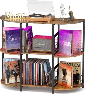 ThreeHio Large Vinyl Record Storage Cabinet with LED Light, Record Player Stand with Vinyl Storage Holds up to 350+ Albums, Wooden Record Player Table, Turntable Stand for Record Storage and Display