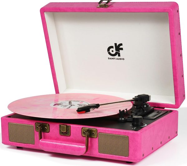 Vintage Bluetooth Suitcase Record Player with Built-in Speakers, 3 Speed Portable Turntable with USB Vinyl Audio Recorder RCA AUX-in & Headphone Jack (Pink, 2023 New Version)