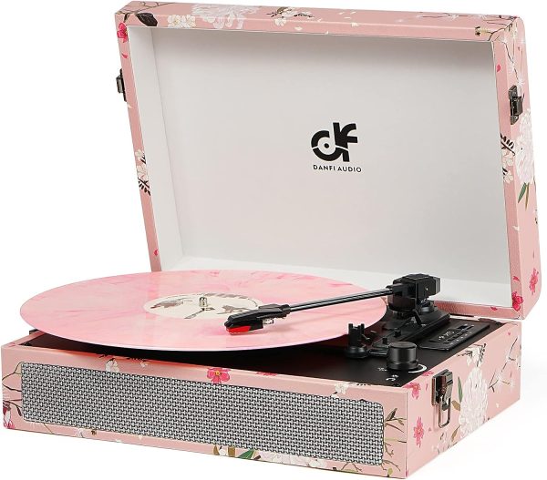 Vinyl Record Player Bluetooth with Built-in Speakers, Vintage Portable Turntable 3 Speed with USB Recording Headphone/RCA/AUX Jack Floral Suitcase Record Player Teal Floral