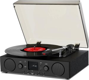 Vinyl Record Player Bluetooth with Speaker Vintage Belt-Drive Turntable for Vinyl Records, 3 Speeds Turntable LP Player with USB Recording, FM Radio, Mute Button, RCA Out, Digital Display, Black