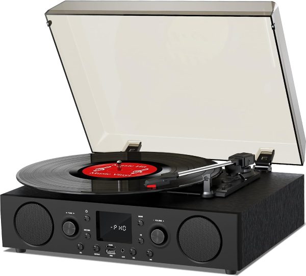 Vinyl Record Player Bluetooth with Speaker Vintage Belt-Drive Turntable for Vinyl Records, 3 Speeds Turntable LP Player with USB Recording, FM Radio, Mute Button, RCA Out, Digital Display, Black
