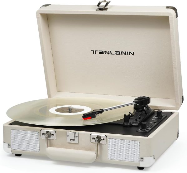 Vinyl Record Player Vintage Portable Suitcase Turntables with Built-in Upgrade Speakers, USB Recording, 33 45 78RPM Bluetooth LP Player Support AUX in RCA Line Out Headphone Jack, Cream White