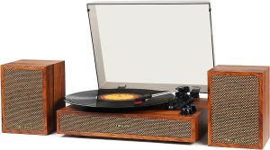 Vinyl Record Player with External Speakers, 3 Speed Bluetooth Turntable for Vinyl Records, Vintage Belt Drive Record Player with Stereo Speakers and Auto Stop, RCA Audio Out and Aux-in, Light Wood