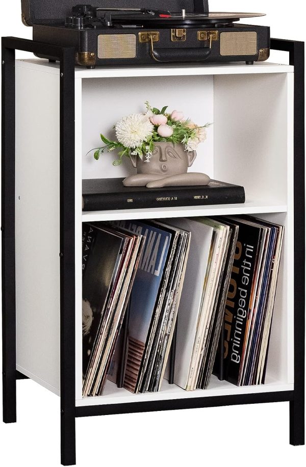 YAHARBO White Record Player Stand, 3-Shelf Vinyl Record Holder with Storage, Record Stand, Vintage Turntable Stand Holds Up to 100 Albums, Record Table with Handle for Living Room, Bedroom, Office