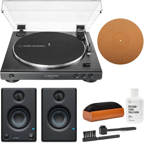 Audio-Technica AT-LP60X-BK Fully Automatic Belt-Drive Stereo Turntable with Eris 3.5 Monitors and Knox Vinyl Cleaning Kit