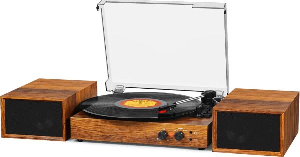 Bluetooth Vinyl Record Player with External Speakers, 3 Speed Vintage Belt-Driven Turntable with Speakers, MP3 PC Encoding, RCA and Headphone Out, White