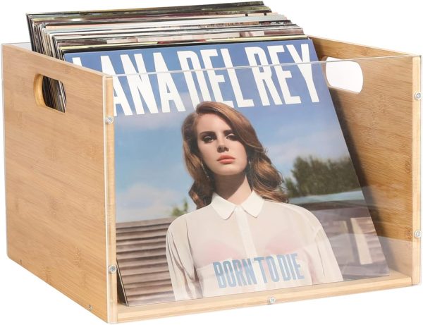 Record Album Storage Crate, Bamboo & Acrylic Vinyl ​Record Crate, Multifunctional Visible Record Holder Crate with Handle, Great for Storing Vinyl ​Record LP's/Albums Hanging Letter Size Folders Toy Clothes