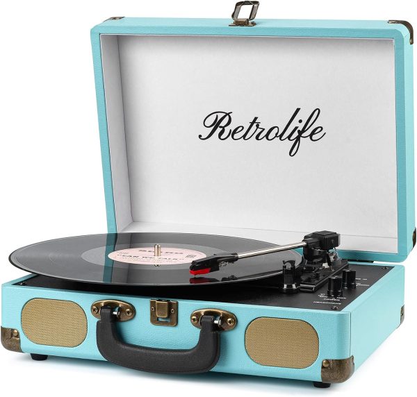 Record Player with Speakers 3-Speed Bluetooth Suitcase Portable Vinyl Record Player Belt-Driven RCA Line Out AUX in Headphone Jack Vinyl Vintage Turntable Blue