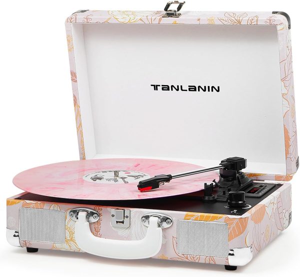 Vinyl Record Player Bluetooth Vintage 3-Speed Portable Suitcase Turntables with Built-in Speakers, 33 45 78 RPM Belt-Driven LP Player Support USB Recording AUX-in RCA Out Headphone Jack, Pink Flower