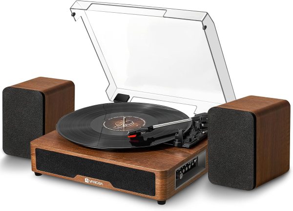 Vinyl Record Player Turntable for Vinyl Records with 2 Speakers, Record Player Bluetooth Turn Table with Dust Cover & Accessories for Gift Home Decoration Support 3-Speed/USB, Walnut By Vangoa (RP-01)