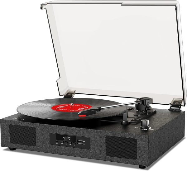 Vinyl Record Player Turntable with Built-in Stereo Speakers, Vintage 3-Speed Turntable for Vinyl Records USB SD Recording with Bluetooth Music Playback, RCA Out and Digital Display, Black