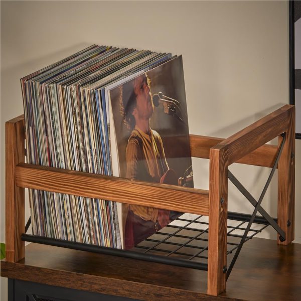 X-cosrack Vinyl Record Holder,Fits 7” -12” Records,Store up to 50-100 albums,DVDs,or CDs-Wood Book Storage Stand,File Folder Racks,Modern Design,Brown