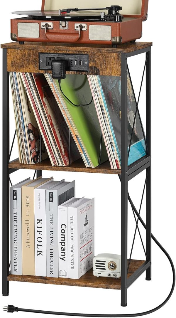 BTY Record Player Stand with Charging Station and USB Ports, 3 Tier Vinyl Record Storage with Dividers Small Record Display Stand Holds Up to 90 Albums for Living Room Bedroom Office, Grey
