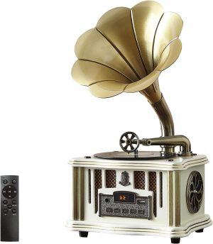 HZLSBL Vintage Gramophone Bluetooth 4.2 Phonograph Record Player All in One Built-in 2 Stereo Speakers, Simulated Vinyl Record Player Turntable,Radio AM FM Player (Coffee,Without Record Player)