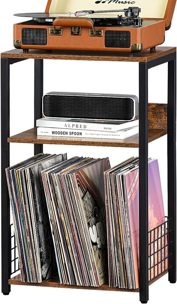 LELELINKY Record Player Stand with Vinyl Storage, 3 Tier Turntable Stand with Display Shelf Storage Up to 150 Albums,Brown End Table for Living Room