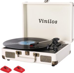 Record Player for Vinyl with Built-in Speakers Bluetooth Output,3 Speed Belt-Driven Phonograph Retro Turntable Player, Portable Vintage Mini Suitcase LP Player USB Recording, Includes 2 Extra Stylus