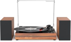 Record Player for Vinyl with External Speakers, Belt-Drive Turntable with Dual Stereo Speakers Vintage Vinyl LP Player Support 3 Speed Wireless AUX Headphone Input Auto Stop Wood Walnut Red