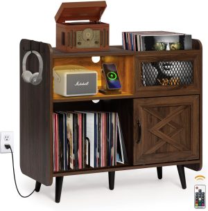 Record Player Stand with Vinyl Storage - HOKYHOKY 350 Albums Large Turntable Stand w/Sliding Door, Record Player Table w/LED, Record Shelf Stereo Cabinet w/Outlets, 34”L x 31.5”H, Dark Rustic Oak
