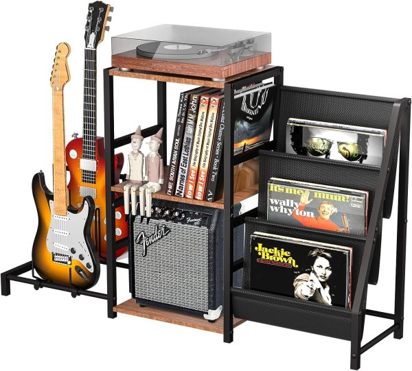 Sephyroth Guitar Stand Record Player Stand with 3-Tier Vinyl Record Storage and 2-Tier for Acoustic, Electric Guitar, Bass,, Suitable Music Display Room, Living Room Bedroom
