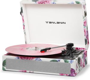 Vintage 3-Speed Record Player with Built-in Speakers, Belt-Drive Suitcase Turntable with Vinyl USB SD Recorder Bluetooth Music Playback, RCA and Headphone Out, Green Floral