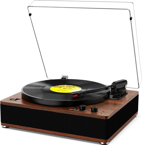 Vintage Bluetooth Record Player Turntable with Built-in Speakers, Wireless Bluetooth Input/Output, 3 Speed Vinyl LP Turntable with Full-Size Platter, AUX-in RCA and Headphone Out, Walnut