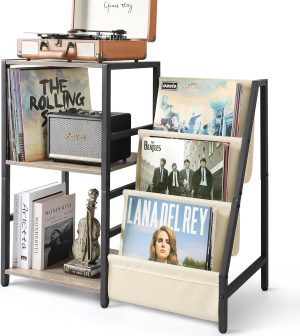Bikoney Record Player Stand, Turntable Stand with 3-Tier Vinyl Record Storage, Record Player Table Up to 200 Albums, End Table for Vinyl Records, Vinyl Record Holder Cabinet for Living Room White