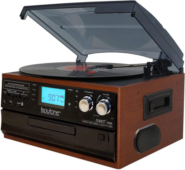 Boytone BT-22MS, Bluetooth Record Player Turntable, AM/FM Radio, Cassette, CD Player, 2 Built in Speaker, Ability to Convert Vinyl, Radio, Cassette, CD to MP3 Without a Computer, SD Slot, USB, AUX