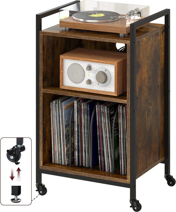 Entrintou Record Player Stand, Mid Century Turntable Stand, 3-Shelf Vinyl Record Holder with Vinyl Record Storage, Rustic Brown Record Player Table Cabinet with Handle for Living Room, Bedroom, Office