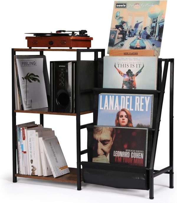 HYCFYJR Stand for Record Player, Turntable Stand with Now Playing Stand, 3 Tier End Table Record Player Table with Speaker Storage & Vinyl Record Storage for Living Room, Gold White