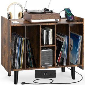Large Record Player Stand,Record Player Table with Power Socket,Vinyl Record Storage with 6 Cabinets Up to 230 Vinyl Records,Turntable Stand with Wooden Legs Design for Living Room,Bedroom,Office,etc
