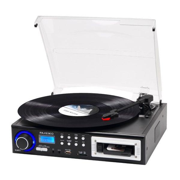 PAREIKO Retro Record Player 3 Speed Belt-Driven Portable Suitcase Turntable with Wireless Bluetooth Built-in Battery Vinyl Player RCA Line Out/AUX in 3.5mm Headphone Jack, Linen