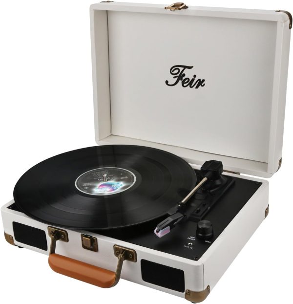 Vinyl Record Player Bluetooth with Speakers 3 Speed Portable Turntable Suitcase Built in 2 Speakers RCA Line Out AUX Headphone Jack PC Recorder-White