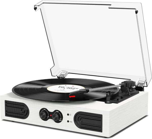 Vinyl Record Player with Built-in Stereo Speakers and Bass Adjust, Vintage 3-Speed Portable LP Turntable with Upgraded Audio Sound, Bluetooth Input, RCA/AUX/Headphone Jack, White Wood
