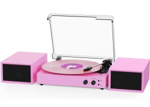 Vinyl Record Player with External Speakers, Vintage 3-Speed Turntable with Dual Speakers, Bluetooth Music Playback, MP3 PC Encoding, AUX Input Headphone Jack and RCA Out, Pink