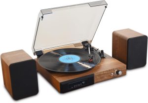 Vinyl Record Player with Powerful External Bookshelf Speakers, Bluetooth Record Player,3-Speed Belt-Driven Turntable with Headphone Jack/USB/RCA （Walnut Wood）